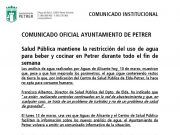 Petrer – Salud Pública mantiene la restricción del uso de agua para beber y cocinar durante todo el fin de semana