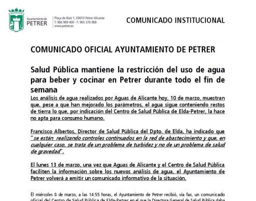 Petrer – Salud Pública mantiene la restricción del uso de agua para beber y cocinar durante todo el fin de semana