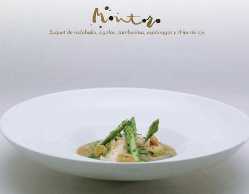Receta por Pablo Montoro: Suquet de rodaballo, cigalas, zamburiñas, espárragos y chips de ajo