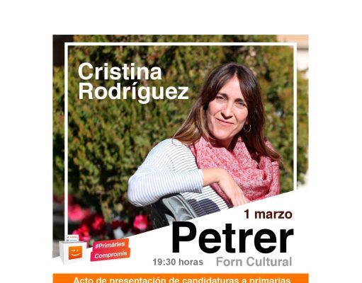 Compromís celebra un acto abierto de Primarias en el Forn Cultural de Petrer, el viernes 1 de marzo a partir de las 19:30 horas La eldense Cristina Rodríguez, candidata a la lista por la circunscripción de Alicante.