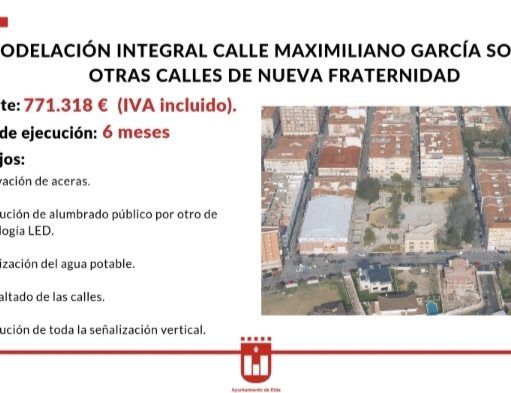 El Ayuntamiento de Elda adjudica las obras de remodelación de la calle Maximiliano García Soriano y adyacentes