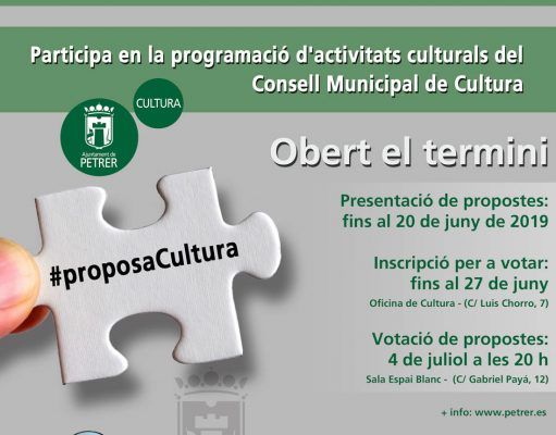 Petrer destinará hasta 4.500 € para financiar las propuestas culturales que propongan los colectivos y vecinos de la localidad Proposa Cultura Petrer 2019