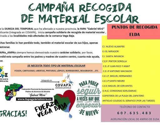La Agrupación Local de APAS/AMPAS de Elda se suma a la campaña de recogida de material escolar para la Vega Baja Campaña recogida material escolar ayuda Vega Baja 2019