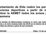 El Ayuntamiento de Elda reabre los parques e instalaciones deportivas a partir de mañana tras retirar la AEMET todos los avisos para el fin de semana