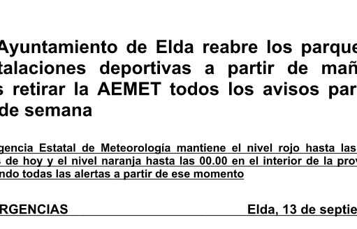 El Ayuntamiento de Elda reabre los parques e instalaciones deportivas a partir de mañana tras retirar la AEMET todos los avisos para el fin de semana