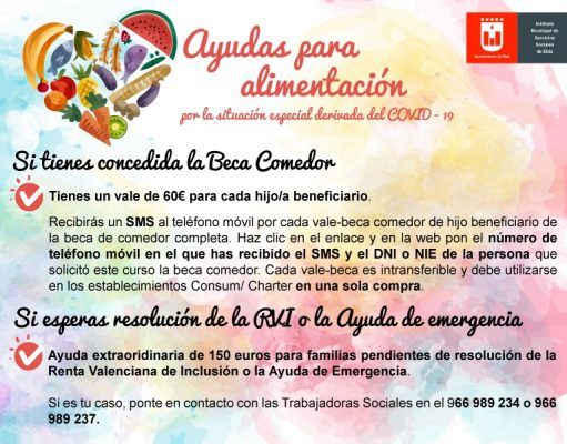 Más de 800 escolares de Elda se benefician del bono-comedor puesto en marcha por la Conselleria de Educación Bono Comedor Elda 2020