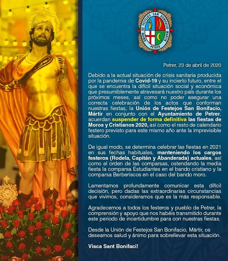 Suspensión Fiestas de Moros y Cristianos de Petrer 2020