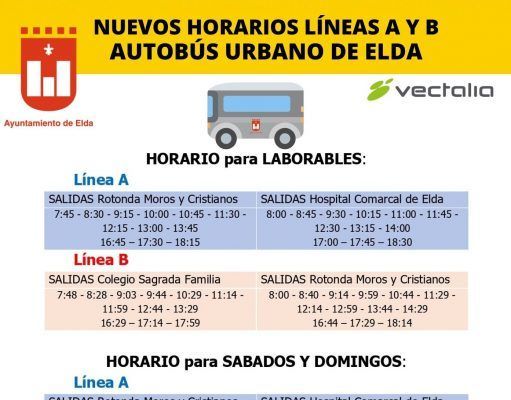 El Ayuntamiento de Elda y Vectalia amplía a partir del próximo lunes los horarios de las líneas A y B de transporte urbano Horarios líneas A Y B autobuses urbanos Elda