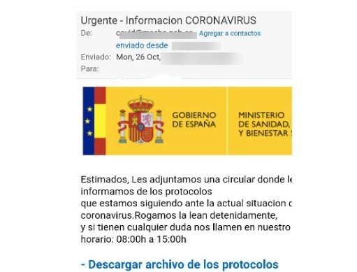 Detectada una campaña de envío masivo de correos electrónicos maliciosos suplantando al Ministerio de Sanidad Campaña malware suplantando al Ministerio de Sanidad