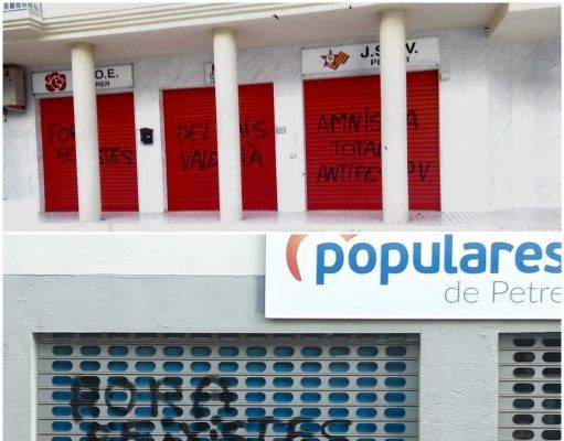 Los grupos políticos del Ayuntamiento de Petrer condenan las pintadas insultantes aparecidas esta mañana en las sedes locales de PSOE y PP pintadas insultantes aparecidas esta mañana en las sedes locales de PSOE y PP