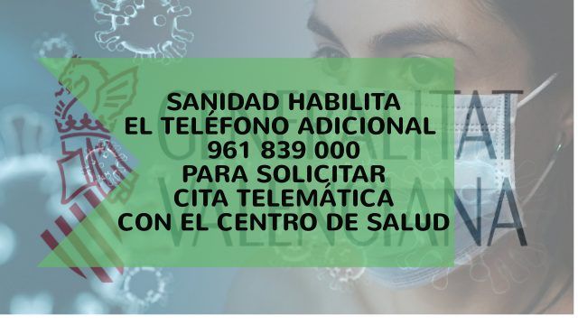 Sanidad habilita el teléfono adicional 961 839 000 para solicitar cita telemática con el centro de salud Sanidad habilita el teléfono adicional 961 839 000 para solicitar cita telemática con el centro de salud