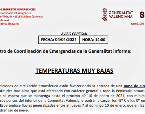 El Centro de Coordinación de Emergencias informa de una bajada de las temperaturas y posibles nevadas en la Comunitat Valenciana Aviso especial de la Generalitat Valenciana. Temperaturas muy bajas.