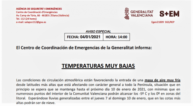 Aviso especial de la Generalitat Valenciana. Temperaturas muy bajas.