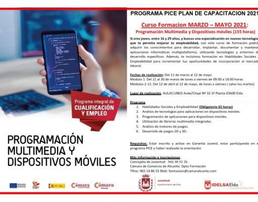 Curso “Programación Multimedia y Dispositivos Móviles” destinado a jóvenes sin empleo ofrecido por el Ayto. de Elda