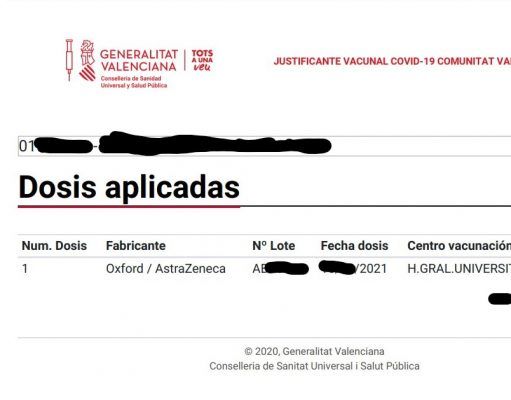 Las personas vacunadas contra el coronavirus en la Comunidad Valenciana tendrán un justificante vacunal o «pasaporte» informativo. Justificante vacunal - Comunitat Valenciana