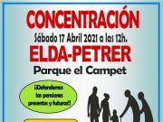 Concentración en defensa de las pensiones, sábado 17 de abril a las 12:00h en el parque de El Campet en Petrer CONCENTRACIÓN que tendrá lugar el próximo día 17 de abril a las 12 horas en Petrer, parque El Campet,