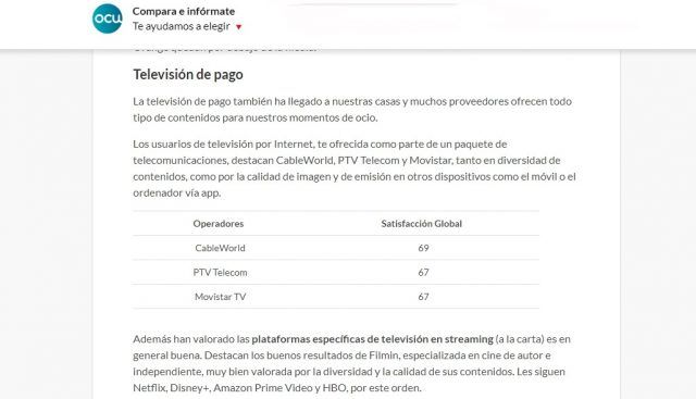 Tele Elda - Cableworld, mejor empresa de televisión de pago, según la OCU