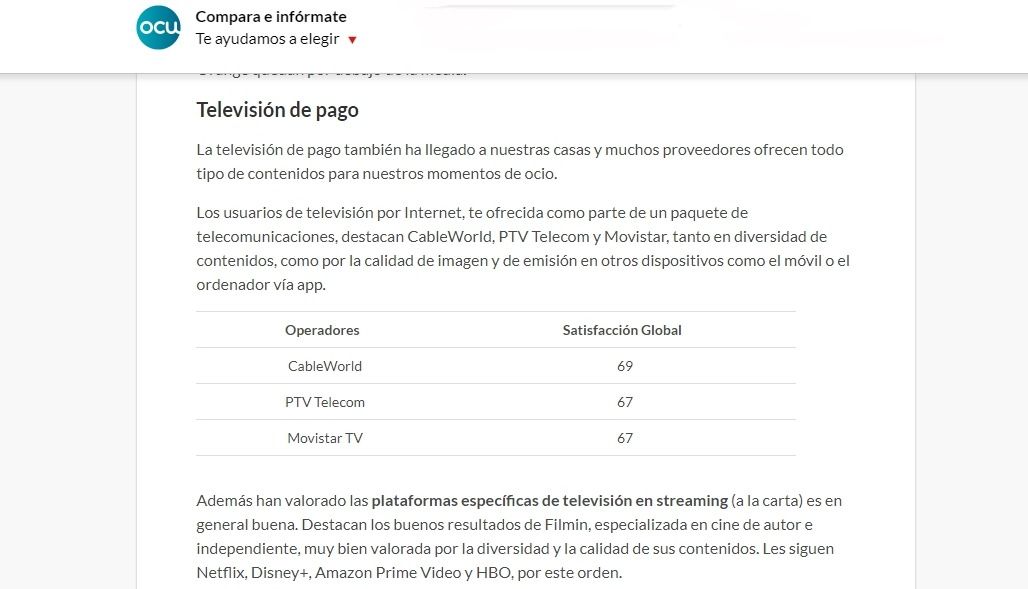 Tele Elda - Cableworld, mejor empresa de televisión de pago, según la OCU