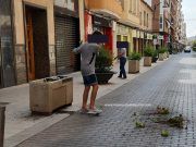 Un hombre arranca flores y plantas de maceteros ornamentales en el centro de Elda Hombre destrozando jardinería en Elda