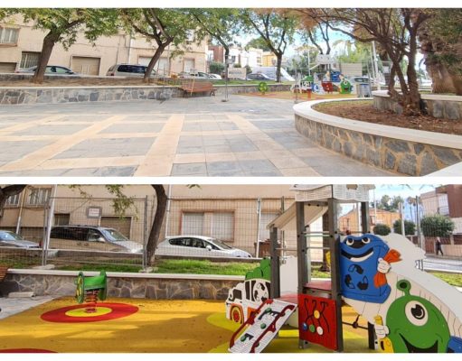 Finalizada la remodelación de la plaza y juegos junto al «Edificio Chimo» en Av. Acacias, Elda. Remodelación de la plaza y los juegos infantiles situados en la avenida de las Acacias junto al 'Edificio Chimo'