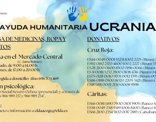 El Ayuntamiento de Elda coordina con la comunidad ucraniana de la ciudad y con las ONG locales la recogida de ayuda humanitaria y donativos y la creación de un registro de hogares eldenses para la acogida de refugiados Ayuda Humanitaria para Ucrania en Elda