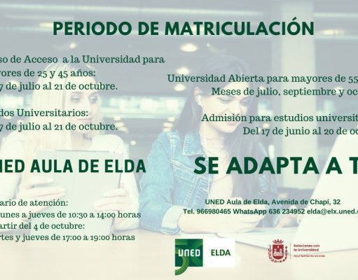 La UNED Aula de Elda abre el periodo de matriculación de su oferta formativa para el curso 2022-23 MATRICULACIÓN UNED ELDA