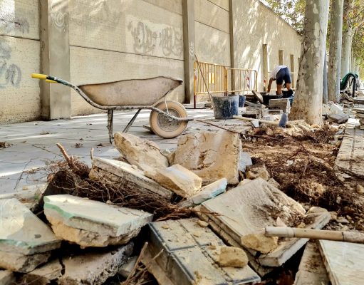 El Ayuntamiento de Elda renueva las aceras de la avenida de Ronda para mejorar la accesibilidad y evitar que las raíces de los árboles levanten el pavimento Renovación de las aceras de la avenida de Ronda