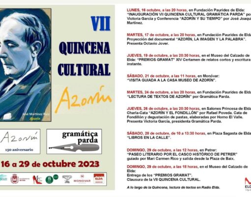Gramática Parda y el Ayuntamiento de Elda dedican la VII Quincena Cultural a Azorín con motivo del 150 aniversario de su nacimiento