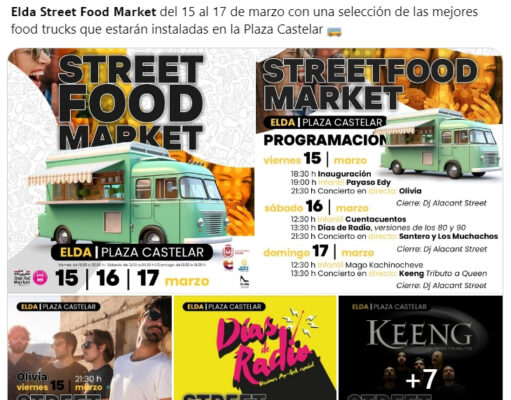 Llega a Elda el Street Food Market del 15 al 17 de marzo con una selección de las mejores food trucks que estarán instaladas en la Plaza Castelar