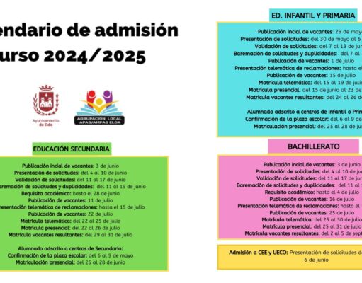 El plazo de admisión telemática en los centros eldenses de Infantil y Primaria dará comienzo el 30 de mayo y continuará hasta el día 6 de junio Periodo de matriculación en los centros educativos eldenses
