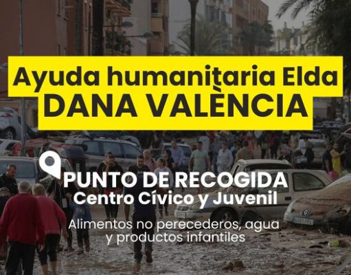 El Ayuntamiento de Elda organiza la recogida de alimentos, agua y productos de higiene personal para los afectados por la DANA
