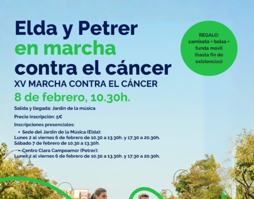 La marcha contra el cáncer recorrerá el 8 de febrero la calles de Elda y de Petrer y partirá por primera vez desde el Jardín de la Música